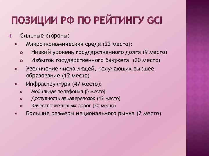 ПОЗИЦИИ РФ ПО РЕЙТИНГУ GCI Сильные стороны: Макроэкономическая среда (22 место): Низкий уровень государственного
