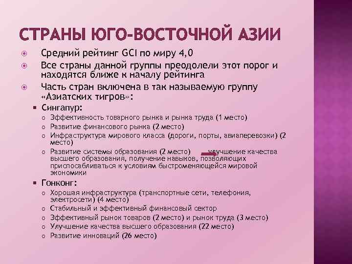 СТРАНЫ ЮГО-ВОСТОЧНОЙ АЗИИ Средний рейтинг GCI по миру 4, 0 Все страны данной группы