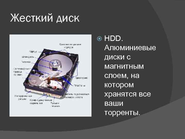 Жесткий диск HDD. Алюминиевые диски с магнитным слоем, на котором хранятся все ваши торренты.