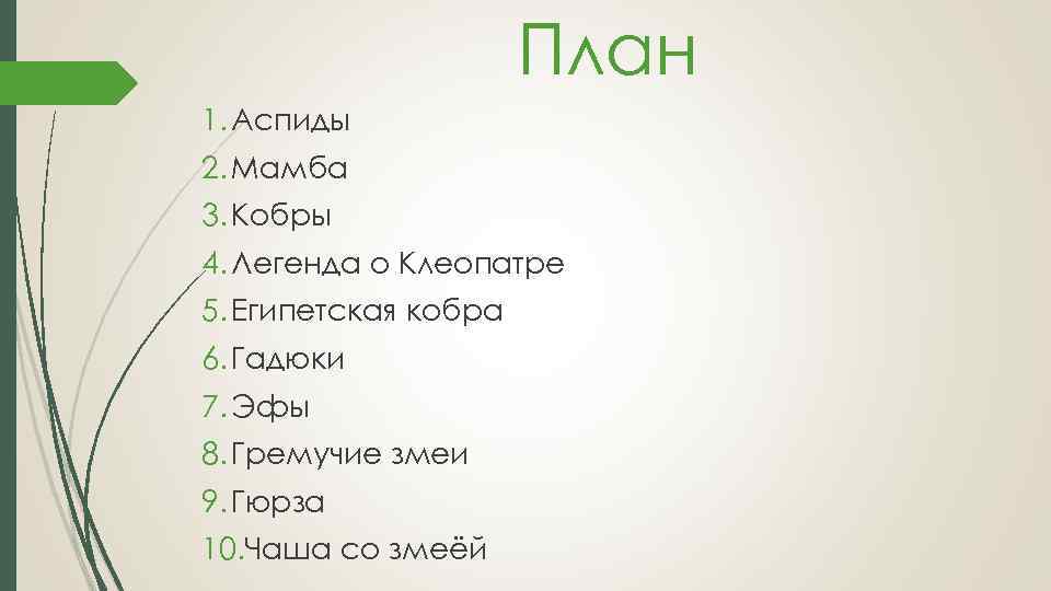 План 1. Аспиды 2. Мамба 3. Кобры 4. Легенда о Клеопатре 5. Египетская кобра