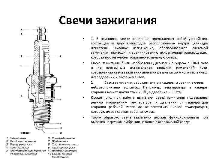 Свечи зажигания • • • 1. В принципе, свече зажигания представляет собой устройство, состоящее