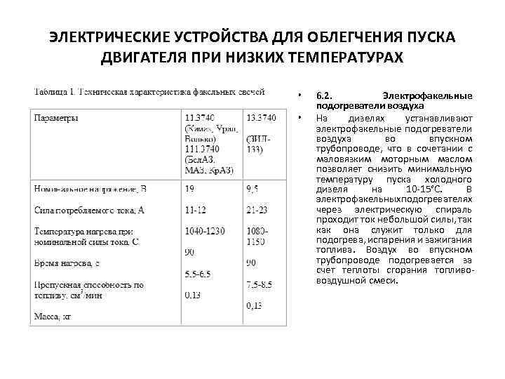ЭЛЕКТРИЧЕСКИЕ УСТРОЙСТВА ДЛЯ ОБЛЕГЧЕНИЯ ПУСКА ДВИГАТЕЛЯ ПРИ НИЗКИХ ТЕМПЕРАТУРАХ • • 6. 2. Электрофакельные