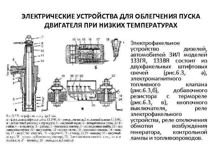 ЭЛЕКТРИЧЕСКИЕ УСТРОЙСТВА ДЛЯ ОБЛЕГЧЕНИЯ ПУСКА ДВИГАТЕЛЯ ПРИ НИЗКИХ ТЕМПЕРАТУРАХ • Электрофакельное устройство дизелей, автомобилей