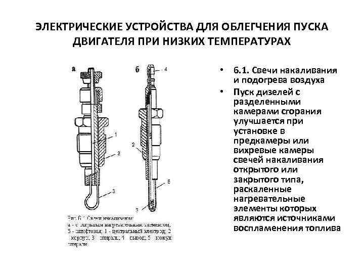 ЭЛЕКТРИЧЕСКИЕ УСТРОЙСТВА ДЛЯ ОБЛЕГЧЕНИЯ ПУСКА ДВИГАТЕЛЯ ПРИ НИЗКИХ ТЕМПЕРАТУРАХ • 6. 1. Свечи накаливания