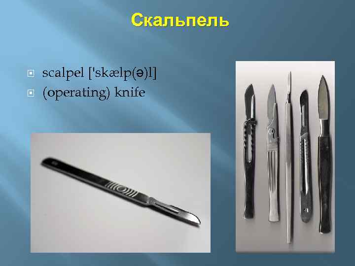 Скальпель scalpel ['skælp(ə)l] (operating) knife 