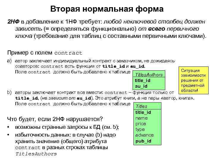 Вторая нормальная форма 2 НФ в добавление к 1 НФ требует: любой неключевой столбец