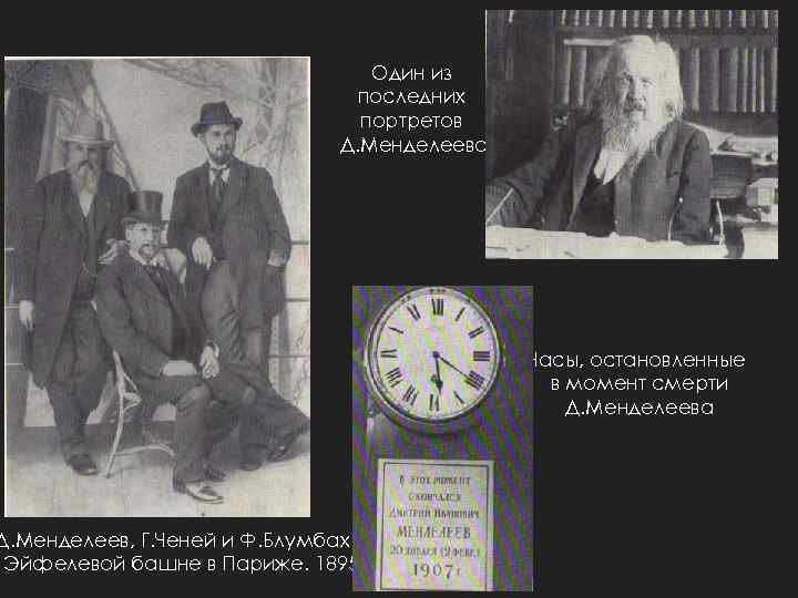 Один из последних портретов Д. Менделеева Д. Менделеев, Г. Ченей и Ф. Блумбах Эйфелевой