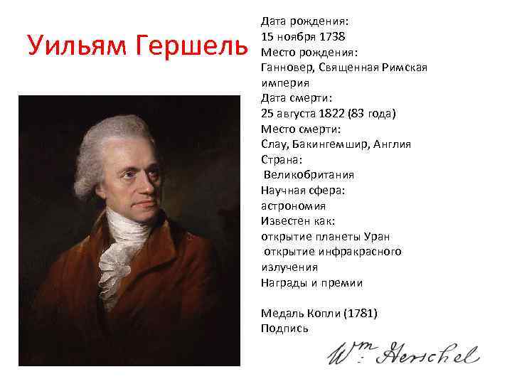 Уильям Гершель Дата рождения: 15 ноября 1738 Место рождения: Ганновер, Священная Римская империя Дата