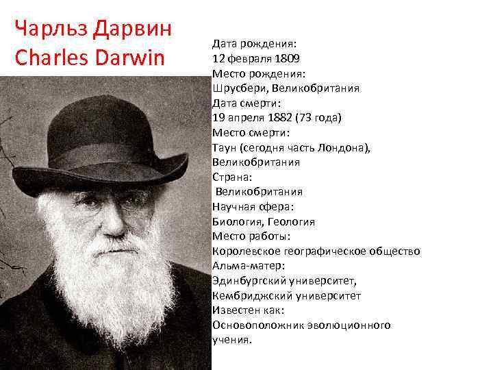 Чарльз Дарвин Charles Darwin Дата рождения: 12 февраля 1809 Место рождения: Шрусбери, Великобритания Дата