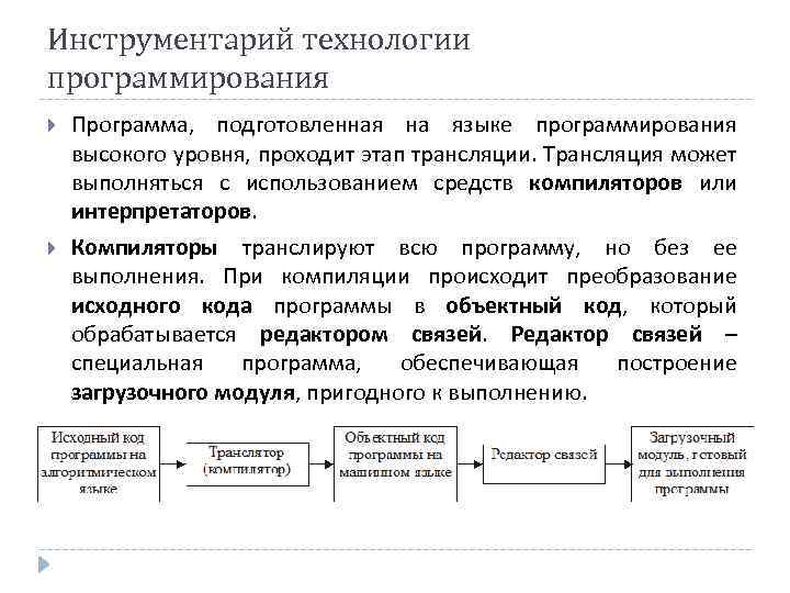 Инструментарий технологии программирования Программа, подготовленная на языке программирования высокого уровня, проходит этап трансляции. Трансляция