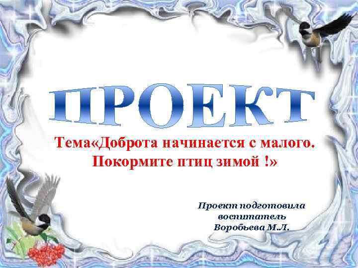 Тема «Доброта начинается с малого. Покормите птиц зимой !» Проект подготовила воспитатель Воробьева М.