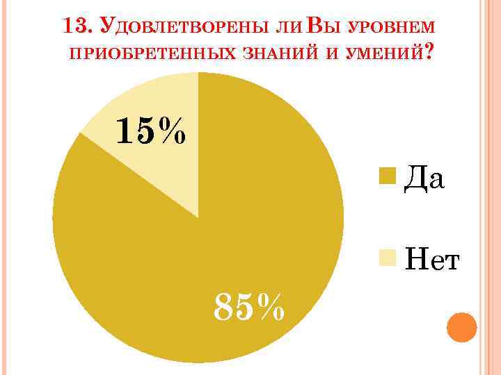 13. УДОВЛЕТВОРЕНЫ ЛИ ВЫ УРОВНЕМ ПРИОБРЕТЕННЫХ ЗНАНИЙ И УМЕНИЙ? 15% Да Нет 85% 