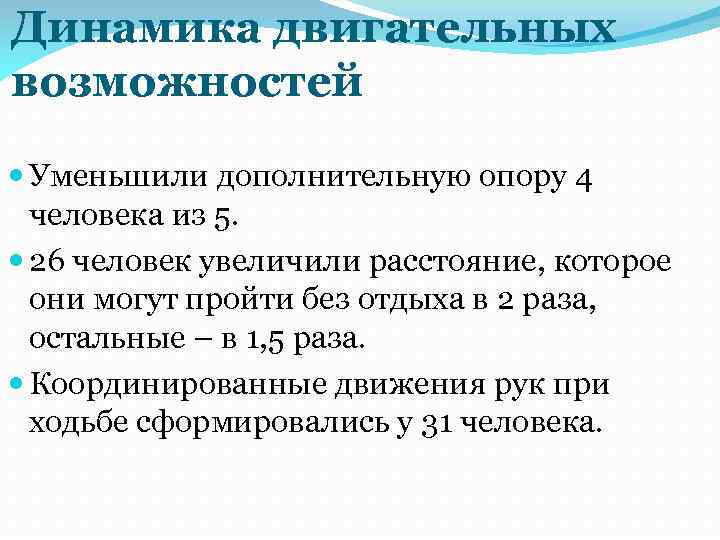 Динамика двигательных возможностей Уменьшили дополнительную опору 4 человека из 5. 26 человек увеличили расстояние,