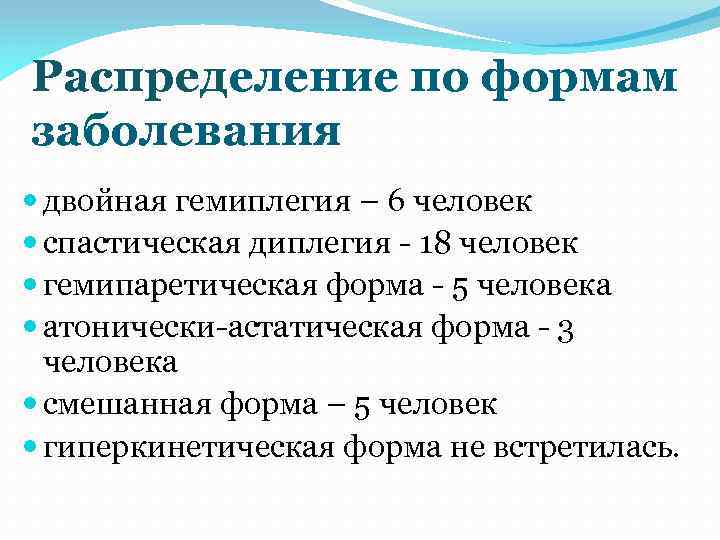 Распределение по формам заболевания двойная гемиплегия – 6 человек спастическая диплегия - 18 человек