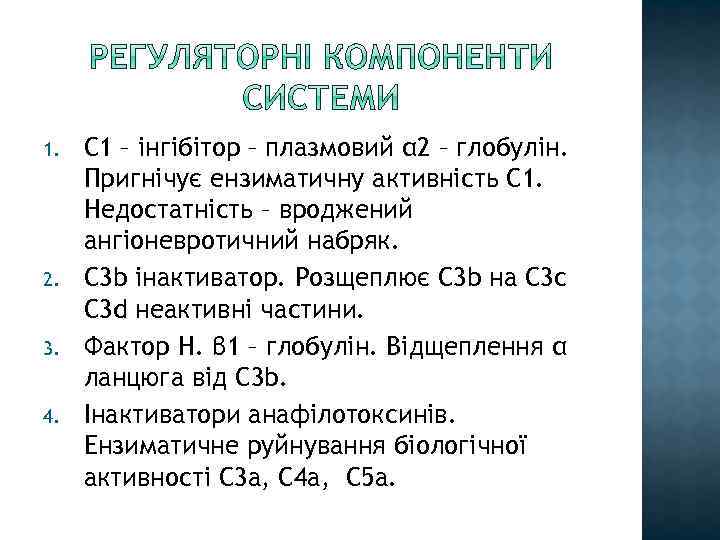 1. 2. 3. 4. С 1 – інгібітор – плазмовий α 2 – глобулін.