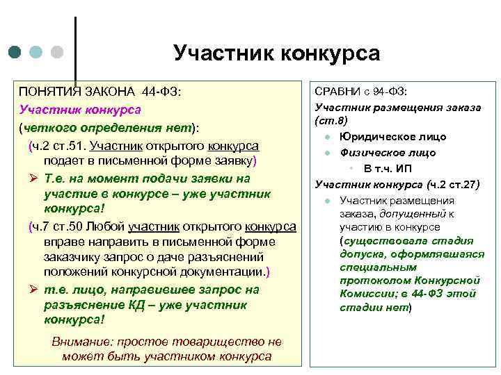 Участник конкурса ПОНЯТИЯ ЗАКОНА 44 -ФЗ: Участник конкурса (четкого определения нет): (ч. 2 ст.