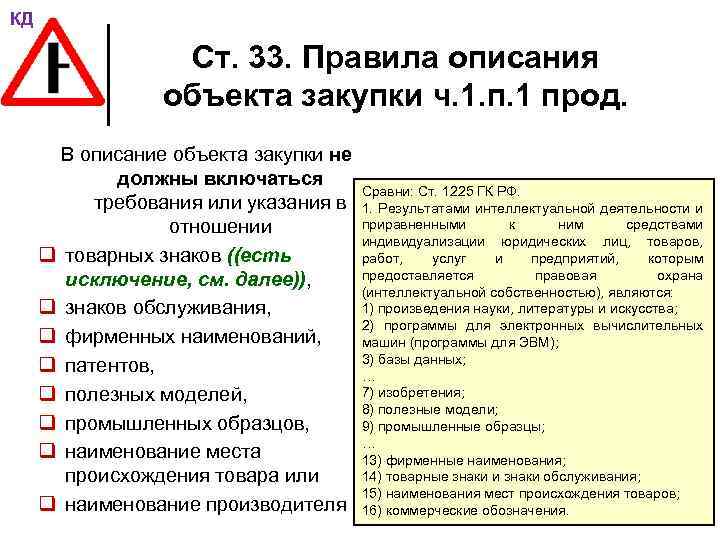 КД Ст. 33. Правила описания объекта закупки ч. 1. п. 1 прод. В описание