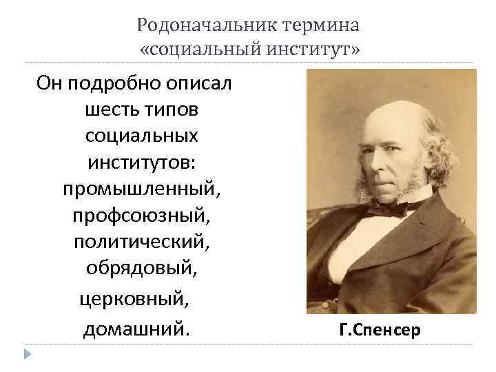 Родоначальник термина «социальный институт» Он подробно описал шесть типов социальных институтов: промышленный, профсоюзный, политический,