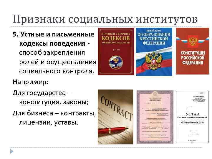 Признаки социальных институтов 5. Устные и письменные кодексы поведения способ закрепления ролей и осуществления