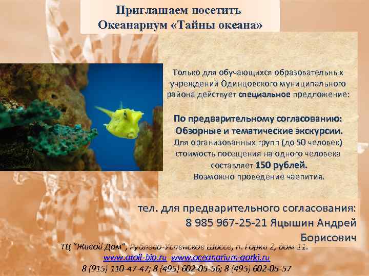 Приглашаем посетить Океанариум «Тайны океана» Только для обучающихся образовательных учреждений Одинцовского муниципального района действует