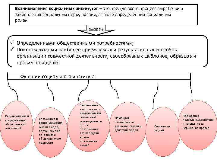 Возникновение социальных институтов – это прежде всего процесс выработки и закрепления социальных норм, правил,