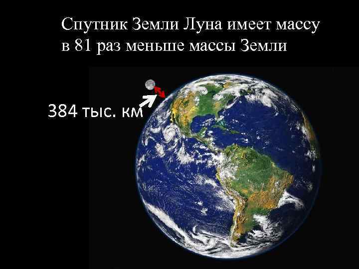Спутник Земли Луна имеет массу в 81 раз меньше массы Земли 384 тыс. км