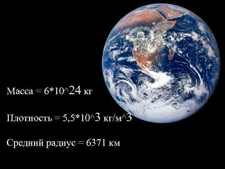 Масса = 6*10^24 кг Плотность = 5, 5*10^3 кг/м^3 Средний радиус = 6371 км