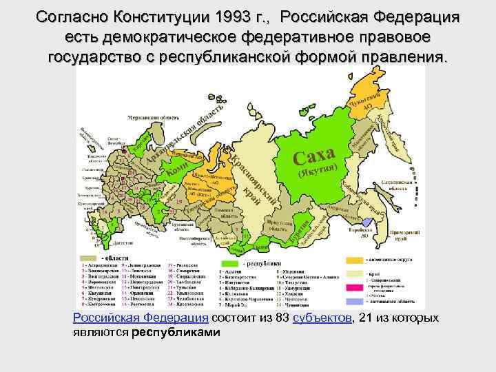 Согласно Конституции 1993 г. , Российская Федерация есть демократическое федеративное правовое государство с республиканской