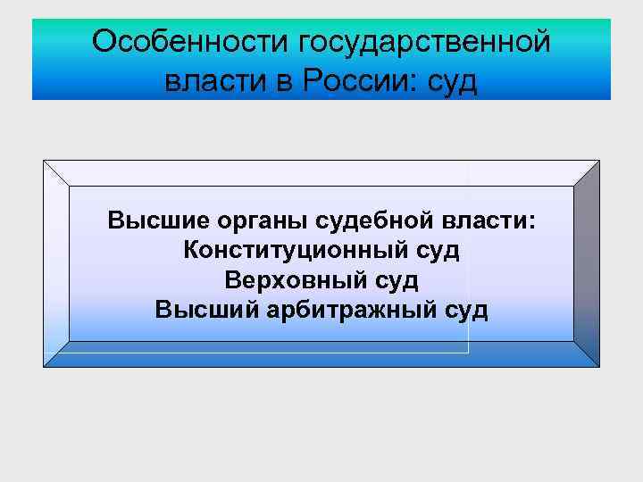 Особенности государственной власти в России: суд Высшие органы судебной власти: Конституционный суд Верховный суд