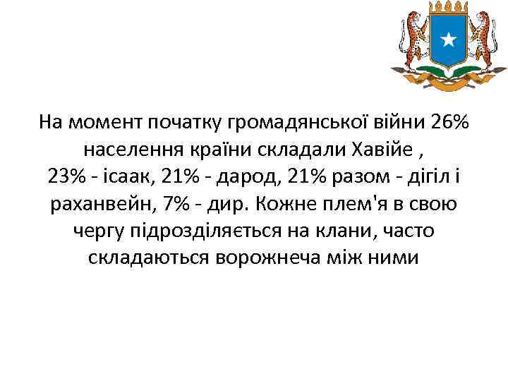 На момент початку громадянської війни 26% населення країни складали Хавійе , 23% - ісаак,