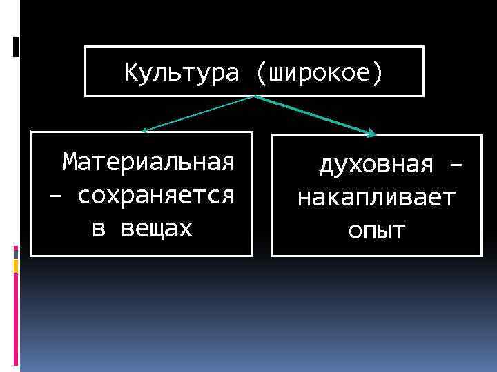 Культура (широкое) Материальная – сохраняется в вещах духовная – накапливает опыт 