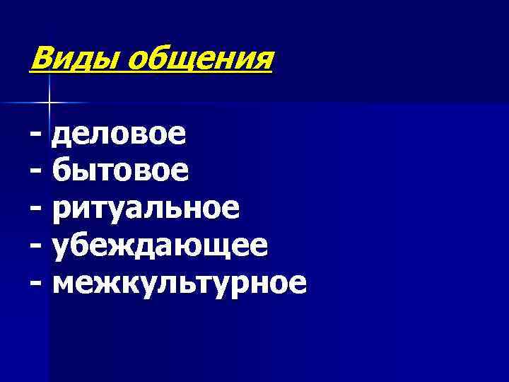 Виды общения - деловое - бытовое - ритуальное - убеждающее - межкультурное 