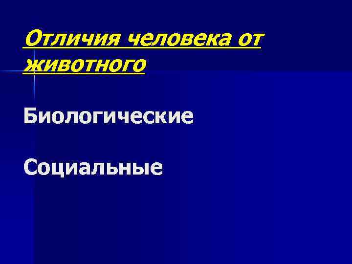 Отличия человека от животного Биологические Социальные 