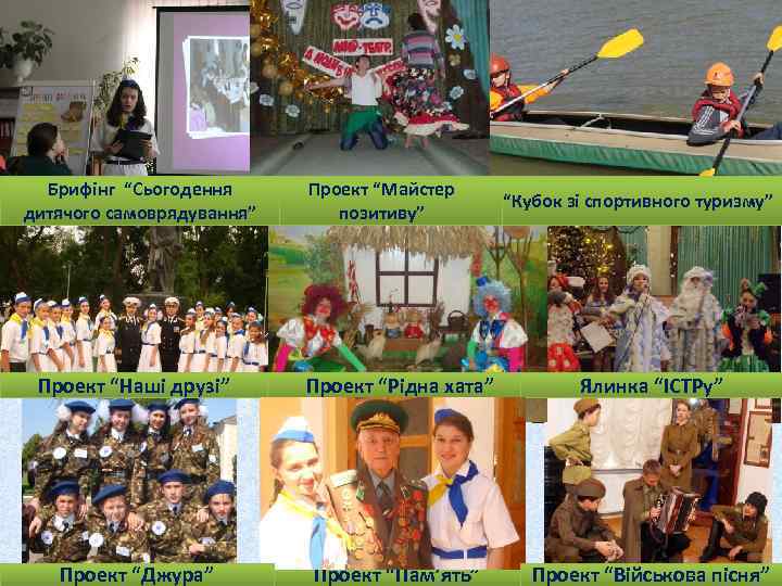 Брифінг “Сьогодення дитячого самоврядування” Проект “Майстер позитиву” “Кубок зі спортивного туризму” Проект “Наші друзі”