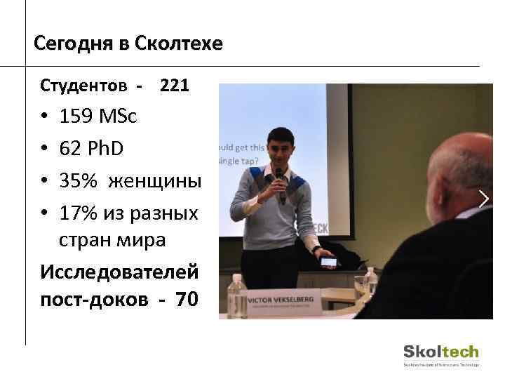 Сегодня в Сколтехе Студентов - 221 159 MSc 62 Ph. D 35% женщины 17%