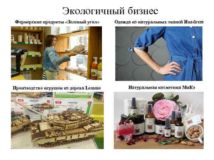 Экологичный бизнес Фермерские продукты «Зеленый угол» Производство игрушек из дерева Lemmo Одежда из натуральных