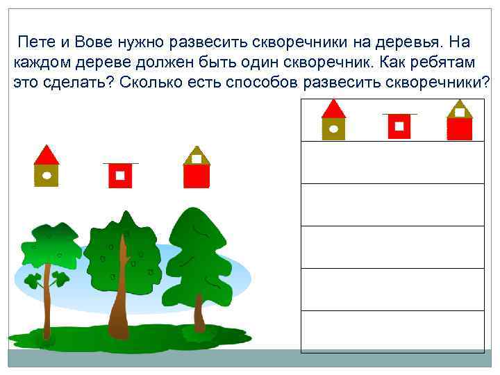 Пете и Вове нужно развесить скворечники на деревья. На каждом дереве должен быть один