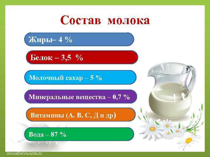 Состав молока Жиры– 4 % Белок – 3, 5 % Молочный сахар – 5