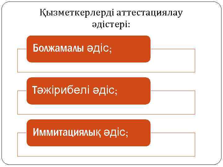 Қызметкерлерді аттестациялау әдістері: Болжамалы әдіс; Тәжірибелі әдіс; Иммитациялық әдіс; 