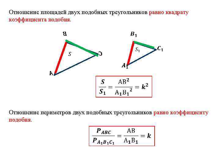 Отношение площадей двух подобных треугольников равно квадрату коэффициента подобия. Отношение периметров двух подобных треугольников