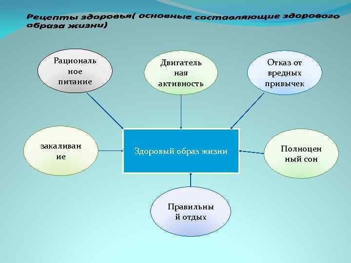 Рациональ ное питание закаливан ие Двигатель ная активность Здоровый образ жизни Правильны й отдых
