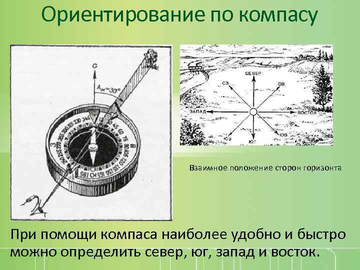 Ориентирование по компасу Взаимное положение сторон горизонта При помощи компаса наиболее удобно и быстро