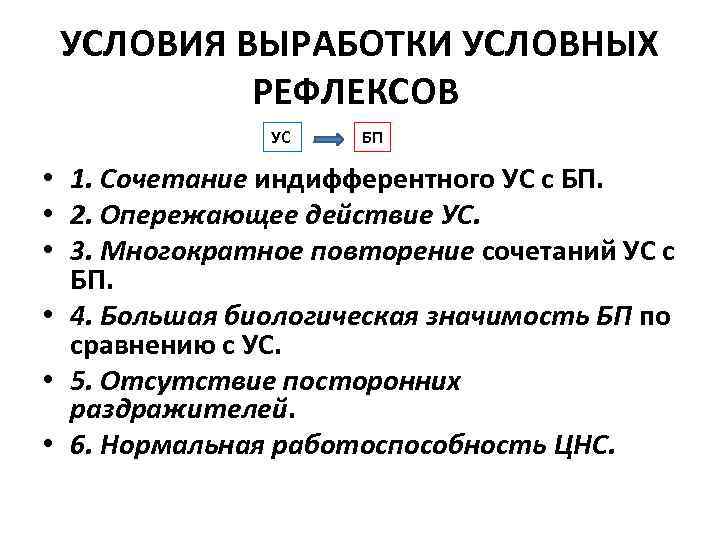 УСЛОВИЯ ВЫРАБОТКИ УСЛОВНЫХ РЕФЛЕКСОВ УС БП • 1. Сочетание индифферентного УС с БП. •