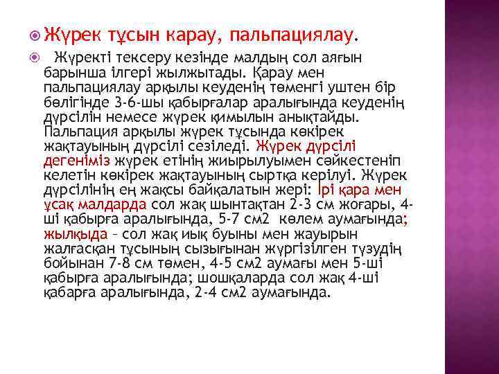  Жүрек тұсын карау, пальпациялау. Жүректі тексеру кезінде малдың сол аяғын барынша ілгері жылжытады.