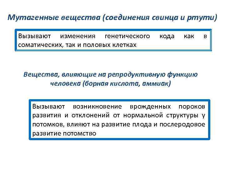 Мутагенные вещества (соединения свинца и ртути) Вызывают изменения генетического соматических, так и половых клетках