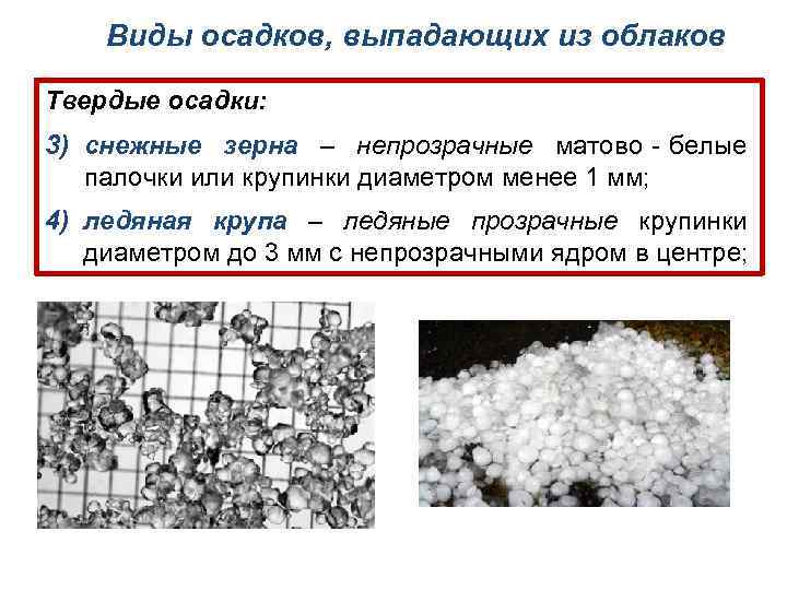 Виды осадков, выпадающих из облаков Твердые осадки: 3) снежные зерна – непрозрачные матово‐белые палочки