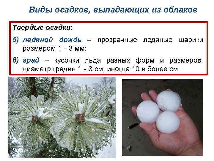 Виды осадков, выпадающих из облаков Твердые осадки: 5) ледяной дождь – прозрачные ледяные шарики