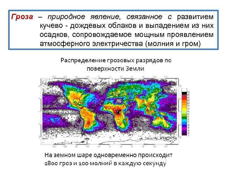 Гроза – природное явление, связанное с развитием кучево‐дождевых облаков и выпадением из них осадков,