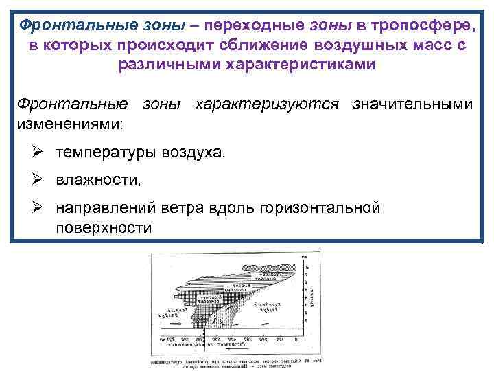 Фронтальные зоны – переходные зоны в тропосфере, в которых происходит сближение воздушных масс с