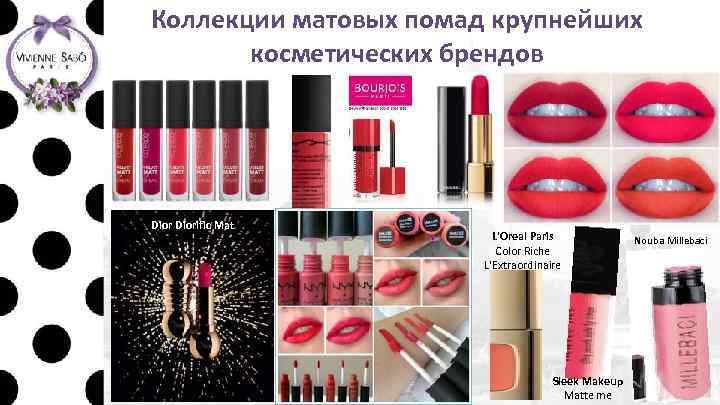 Коллекции матовых помад крупнейших косметических брендов Diorific Mat L'Oreal Paris Color Riche L'Extraordinaire Sleek